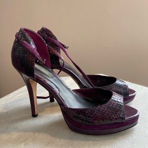 White House Black Market purple snakeskin sandal heels